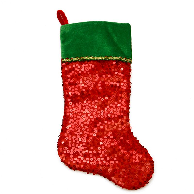 Northlight 20" Red Sequin Christmas Stocking with Green Velveteen Cuff, 1 of 4