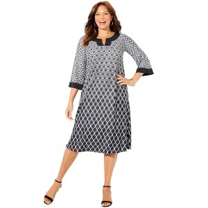 Catherines Women's Plus Size Contrast Border Notch Shift Dress - 1 of 4