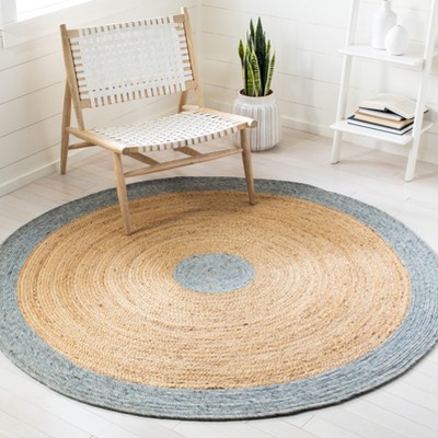 Handwoven Light Blue and Beige Round Braided Rug
