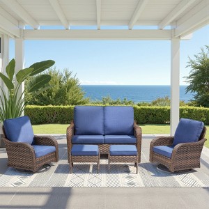 Buenhomino 5 Piece Patio Furniture Set, Wicker Patio Conversation Sets with Swivel Chairs, Outdoor Loveseat Sofa Sets with 2 Ottomans for Backyard - 1 of 4