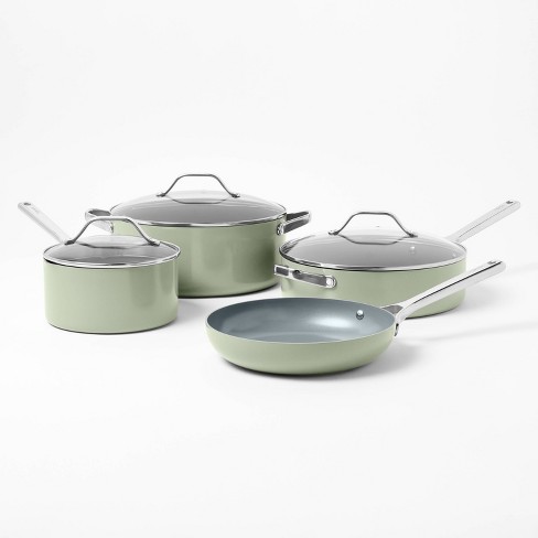 Gibson Home Plaza Café Forged Aluminum Healthy PFA-Free Ceramic Pots and  Pans Cookware Set, 7-Piece Set, Mint Green