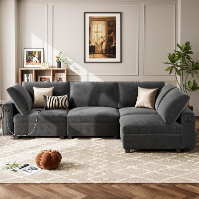 105" Modular Velvet Sectional Sofa, 4-Seat L-Shaped Couch with USB & Type-C Charging, Deep Seat, Plush Pillows, for Living Room or Apartments