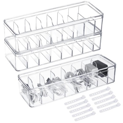 ATTOP 3 Pcs Cable Storage Organizers, Clear Cord Organizer Boxes with Lids & Detachable Dividers, Cable Storage Boxes with 10 Cable Ties