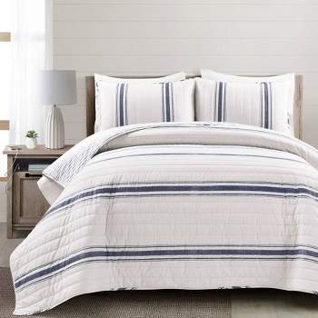 3pc King Farmhouse Striped Quilt Bedding Set Navy Blue - Lush Décor