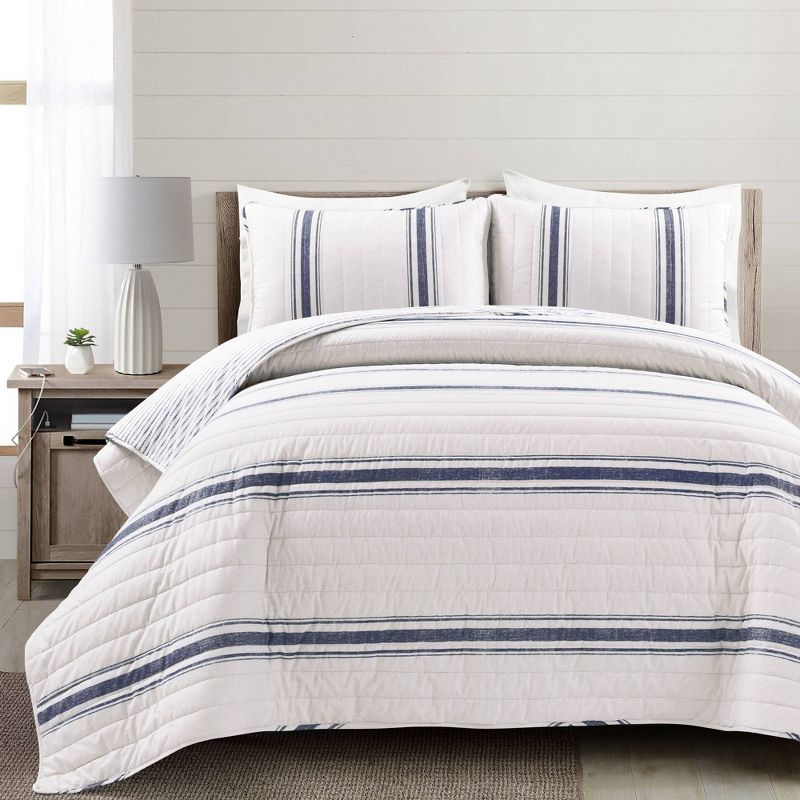 3pc King Farmhouse Striped Quilt Bedding Set Navy Blue - Lush D&#233;cor, 1 of 8