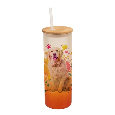100 North 25 Ounce Frosted Glass Gradient Travel Tumbler With Straw & Wooden Lid, Golden Retriever Paint Splatter Orange