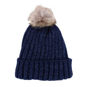 CTM Women's Metallic Shimmer Winter Knit Lined Beanie with Pom - 1 of 4