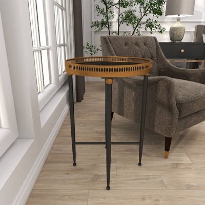 Black Round Metal and Stone Accent Table with Graduated Legs
