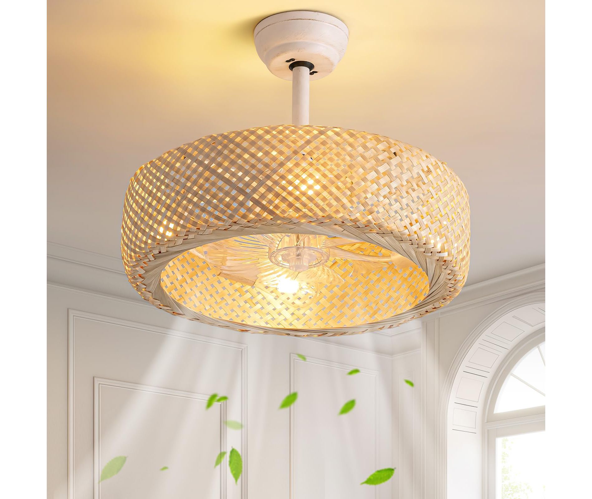 Ludomide Boho Caged Ceiling Fan, Woven Rattan Ceiling Fan with Lights, Farmhouse Low Profile Fandelier for Bedroom Kitchen Living Room