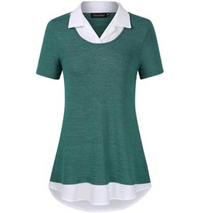 Women's Short Sleeve V-Neck Contrast Collared Shirts Patchwork Work Blouse Tunics Tops - 1 of 4