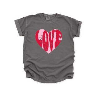 Simply Sage Market Women's Pink Love Heart Distressed Short Sleeve Garment Dyed Tee - 1 of 4
