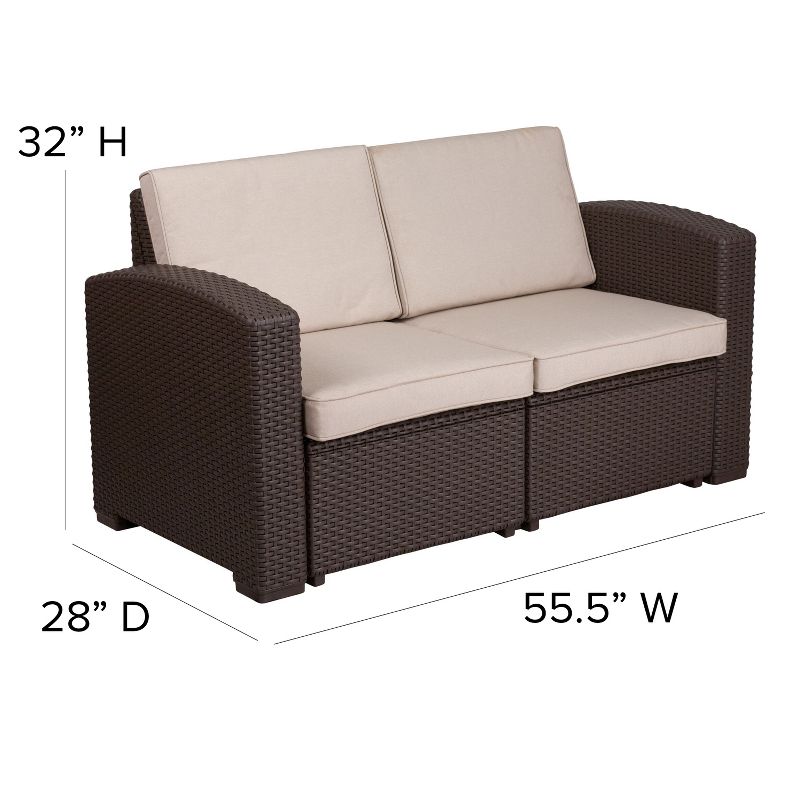 Flash Furniture Chocolate Brown Faux Rattan Loveseat with All-Weather Beige Cushions, 5 of 11