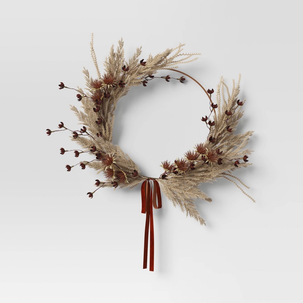 Photos - Other Decoration 26" Wheat and Thistle Mixed Wildflower Fall Artificial Wreath - Threshold™