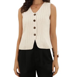 INSPIRE CHIC Women's Striped V Neck Front Button Down Sleeveless Casual Waistcoat - 1 of 4