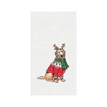 C&F Home 27" x 18" Dog Wearing Christmas Sweater and Reindeer Ears Embroidered & Waffle Weave Cotton Kitchen Dish Towel
