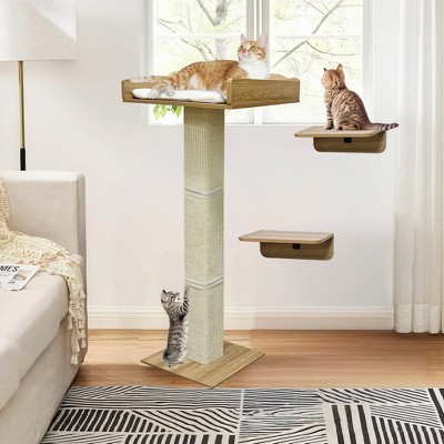 Cat Window Perch with Scratch Posts and 2 Platforms, 40" Adjustable Sisal Climbing Tree Hammmock with Suction Cups, 2 Install Ways, Cats Window Bed