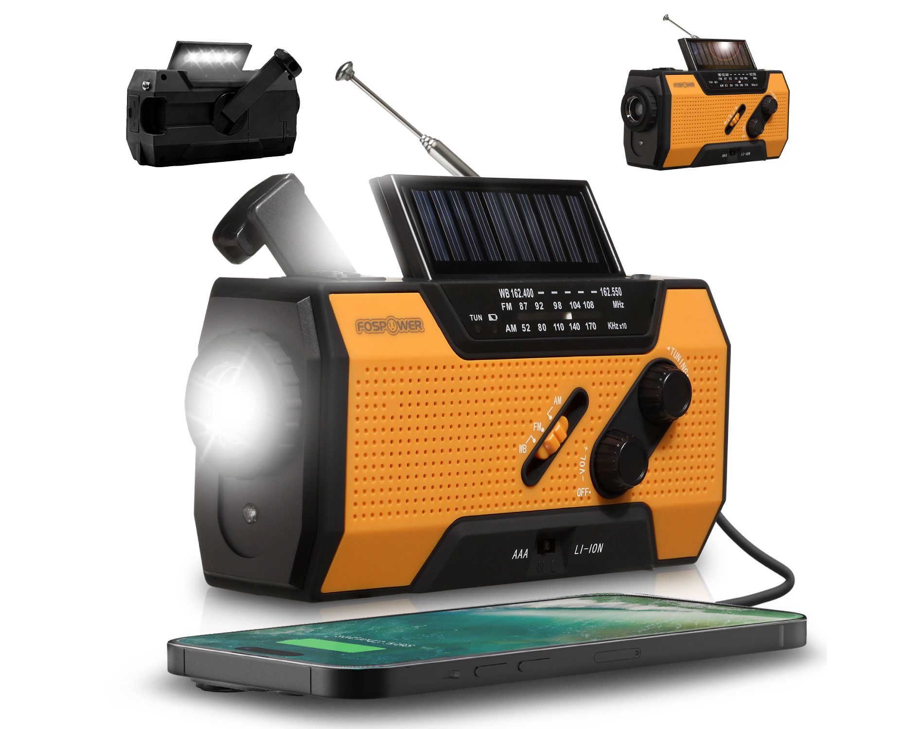 FosPower Solar Hand Crank Emergency Radio with Flashlight Cell Phone Charger, AM/FM/NOAA Weather Radio Power Bank, IPX3 SOS Alarm Reading Lamp