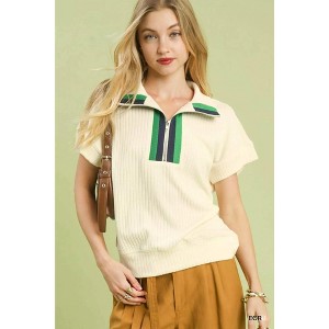 I am a Fashion Junky Umgee Textured Striped Zip Collar Knit Top - 1 of 4