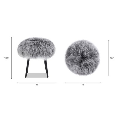 Dimensional Gray Mongolian Sheepskin Round Ottoman with Black Metal Legs