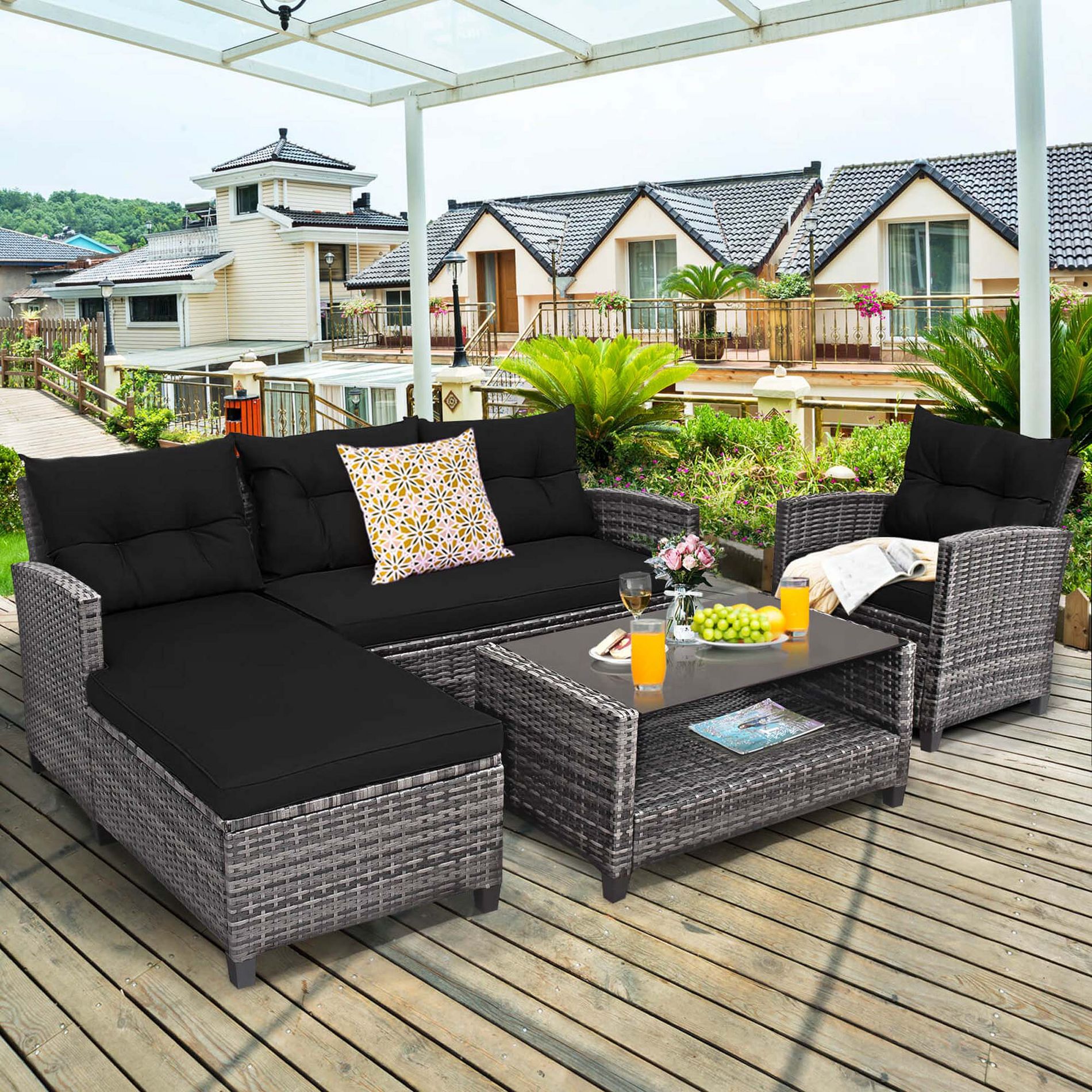 Costway 4 PCS Patio Rattan Furniture Set Sofa Ottoman Cushion Garden Deck Black