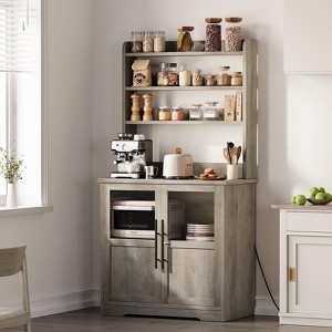 Bakers Rack With Storage Cabinet - Microwave Stand With Power Outlets, Farmhouse Rack With Thick Table Top, Small Pantry for Kitchen, Dining Room - 1 of 4
