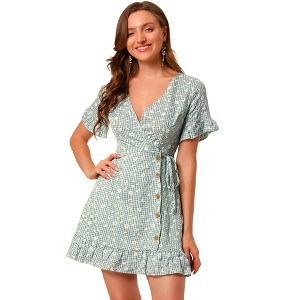 Allegra K Women's Floral Print V Neck Ruffle Hem Short Sleeve Faux Wrap Dress - 1 of 4