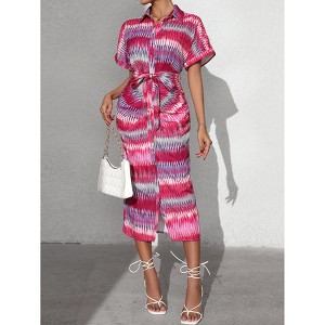 Contrasting Colors Stripe Short Sleeve Midi Dress With Belt For Women - 1 of 4