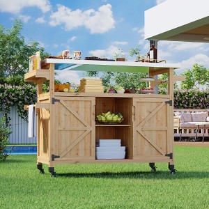 TROPOW Outdoor Grill Cart with Storage Cabinet, Farmhouse Solid Wood Kitchen Island on Wheels, Outdoor Grill Table with Stainless Steel Table Top - 1 of 4