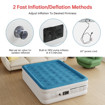 Queen Raised White and Blue PVC Air Mattress with Built-In Pump