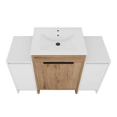Vynxaria 48 in. Single Freestanding Glossy White Imitation Oak Plywood Bath Vanity with White Ceramic Top KD-PACKING Ready to Assemble