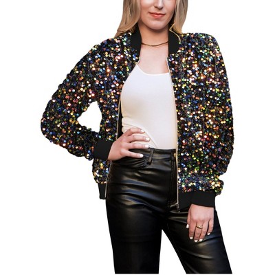 Anna-Kaci Sparkly Sequin Jacket Glitter Long Sleeves Zip Up Bomber Velvet Jacket