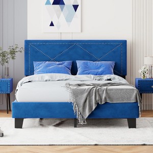 NicBex Queen Modern Upholstered Bed Frame with Velvet Headboard,Platform Bed Frame with Rivet Design,No Box Spring Needed,Easy Assembly,Beige/Blue - 1 of 4
