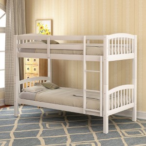Whisen Twin Over Twin Bunk Bed & Bed Frame with Ladder, Full-length Guardrail, Solid Wood Frame - White - 1 of 4