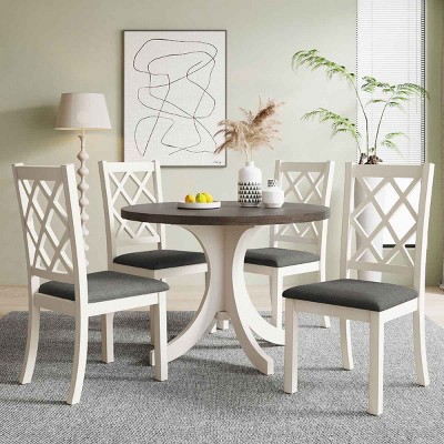 5 PCS Mid-Century Style Dining Set, Solid Wood Round Table with Pedestal Base, Slat-Back Rubberwood Frame Chairs with Cushions-Coolbibila