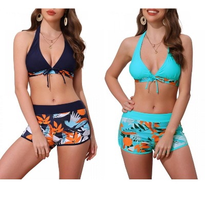 INSPIRE CHIC Women's Leaf Print Color Block Halter Top Boyshorts Bottom Swimwear Bathing Bikini Suits 2 Sets