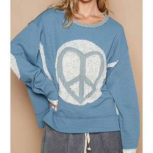Women's Round Neck Long Sleeve Peace Sign Top - POL - 1 of 4