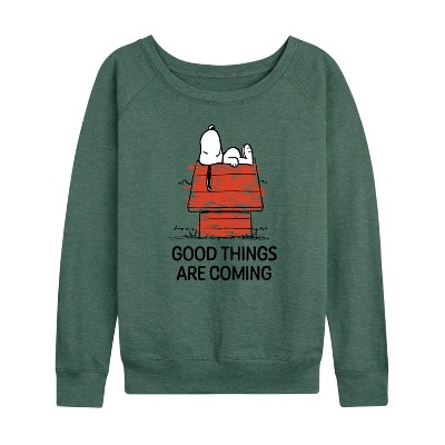 Women's - Peanuts - Good Things Are Coming Lightweight French Terry Wide Neck Long Sleeve Shirt