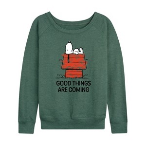 Women's - Peanuts - Good Things Are Coming Lightweight French Terry Wide Neck Long Sleeve Shirt - 1 of 4