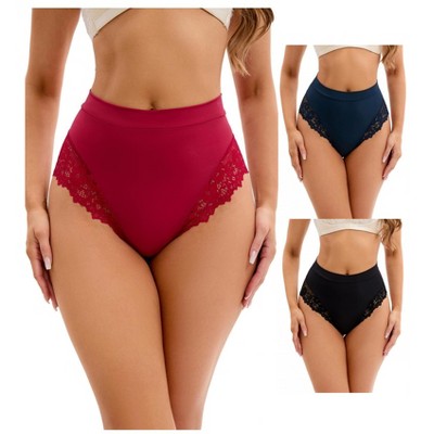 INSPIRE CHIC 3 Packs Women's Lace Trim High-Waisted Briefs Hi-Cut Tummy Control Underpants