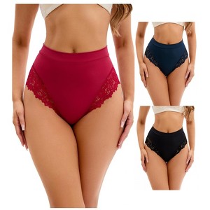INSPIRE CHIC 3 Packs Women's Lace Trim High-Waisted Briefs Hi-Cut Tummy Control Underpants - 1 of 4