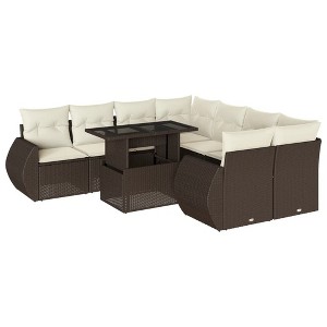 vidaXL Patio Sofa Set with Cushions Outdoor Furniture 9 Piece Poly Rattan - Brown and cream without storage - 1 of 4