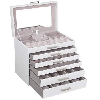 5-Layer Jewelry Organizer with 3-Side Drawers with Big Mirror, Cloud White  and Metallic Gold