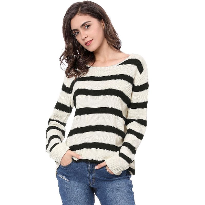 Allegra K Women's Long Sleeves Drop Shoulder Loose Striped Sweater, 3 of 8