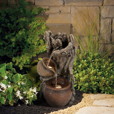 Rustic Brown Resin Tree Trunk and Pots Outdoor Fountain with LED Lights