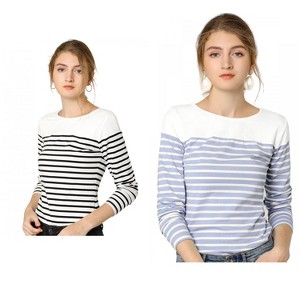 Allegra K Women's Color Block Round Neck Long Sleeves Striped Basic T-Shirt 2 Packs - 1 of 4