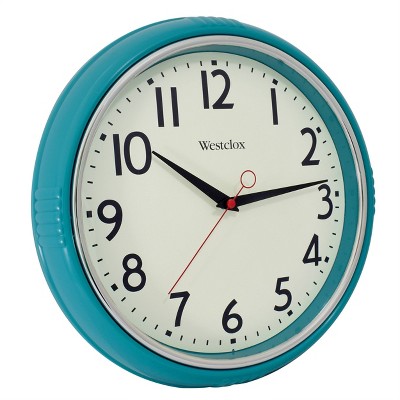 12" Wall Clock with Bezel Chrome - Westclox: Retro Kitchen, Quartz Movement, Teal Blue, 1-Year Warranty