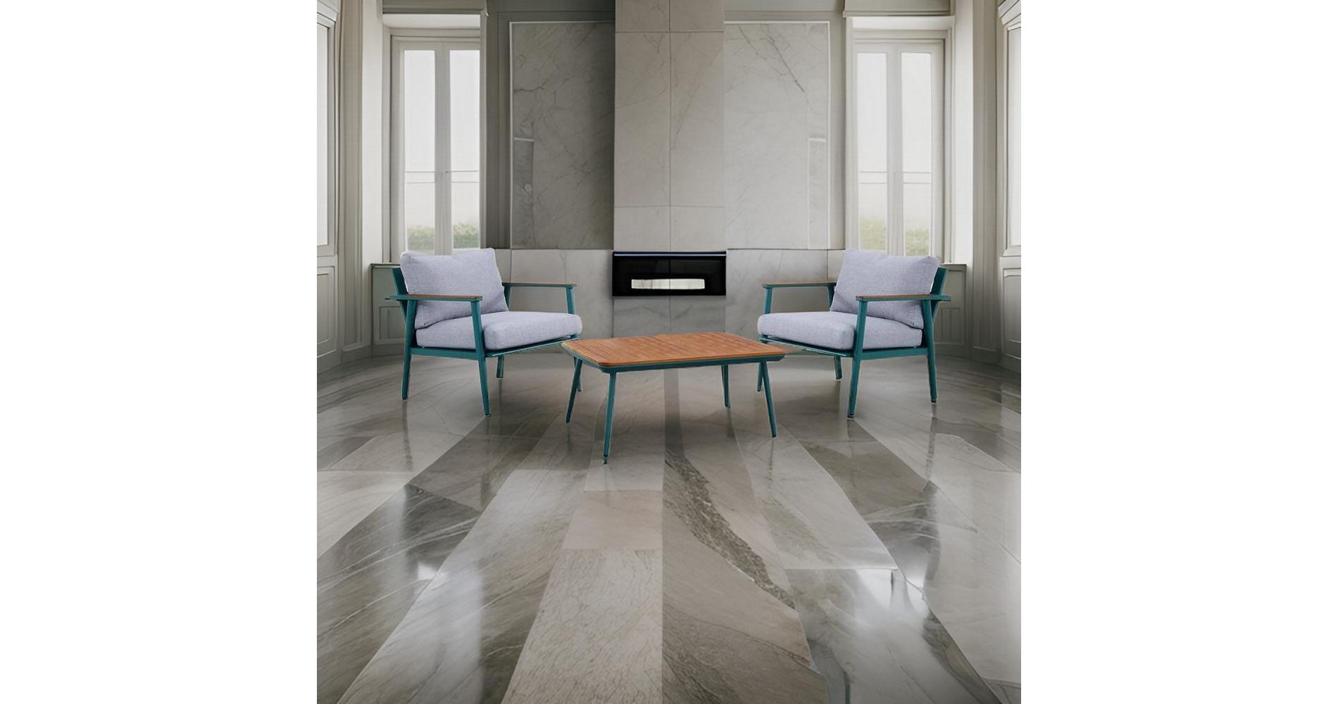 Royal Hampton 3 Piece Outdoor Coffee Table and Chairs Set, Wood Planks, Gray, Green