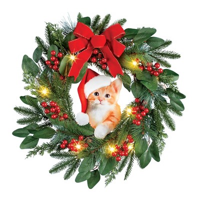 Collections Etc LED Lighted Santa Cat Hanging Christmas Wreath