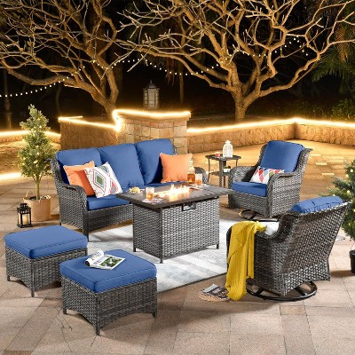 XIZZI Wicker Patio Furniture Set with 3-Seat Sofa, Swivel Rocking Armchairs & Ottomans & Side Table, Modular Sectional Outdoor Conversation Sofa Set