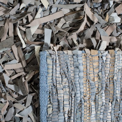 Grey and Beige Hand-Knotted Leather Shag Rug, 3' x 5'